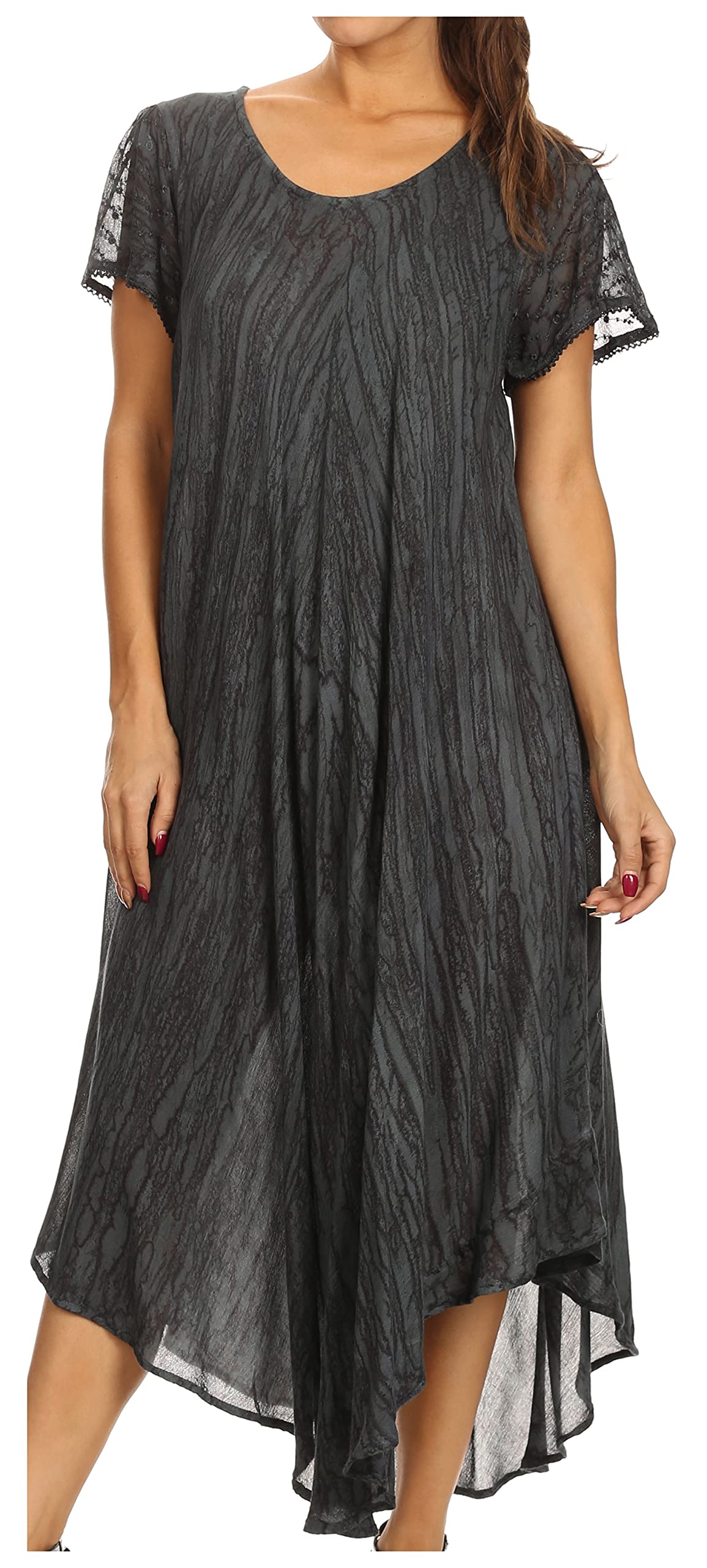 Sakkas 14802 - Faye Cap Sleeved Cotton Caftan Cover Up Dress - Black - OS