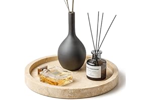 WORHE Natural Marble Vanity Tray for Bathroom Kitchen Dresser, Travertine Stone Decorative Trays for Jewelry, Perfume, Cosmetic, Candle, Round Countertop Storage Organizer for Home Decor Beige (WH019)