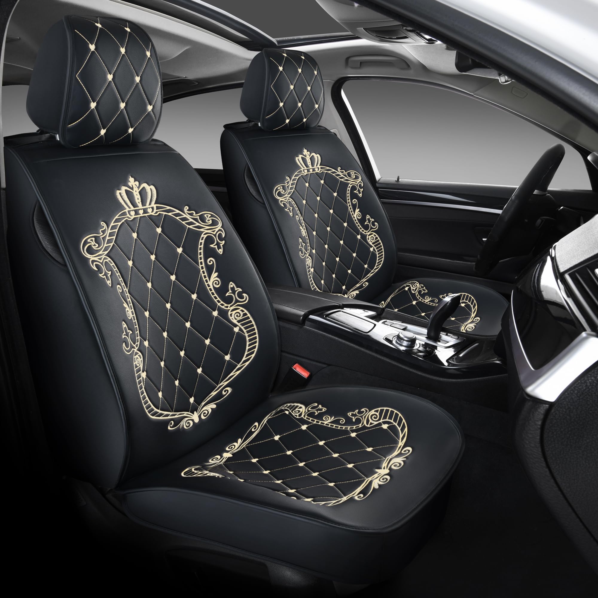 Photo 1 of Skysep Crown Car Seat Covers, Fully Surrounded Unisex Seat,Winter Leather Seats Car,PU Leather and 3D Breathable Fabric (Black-Gold)