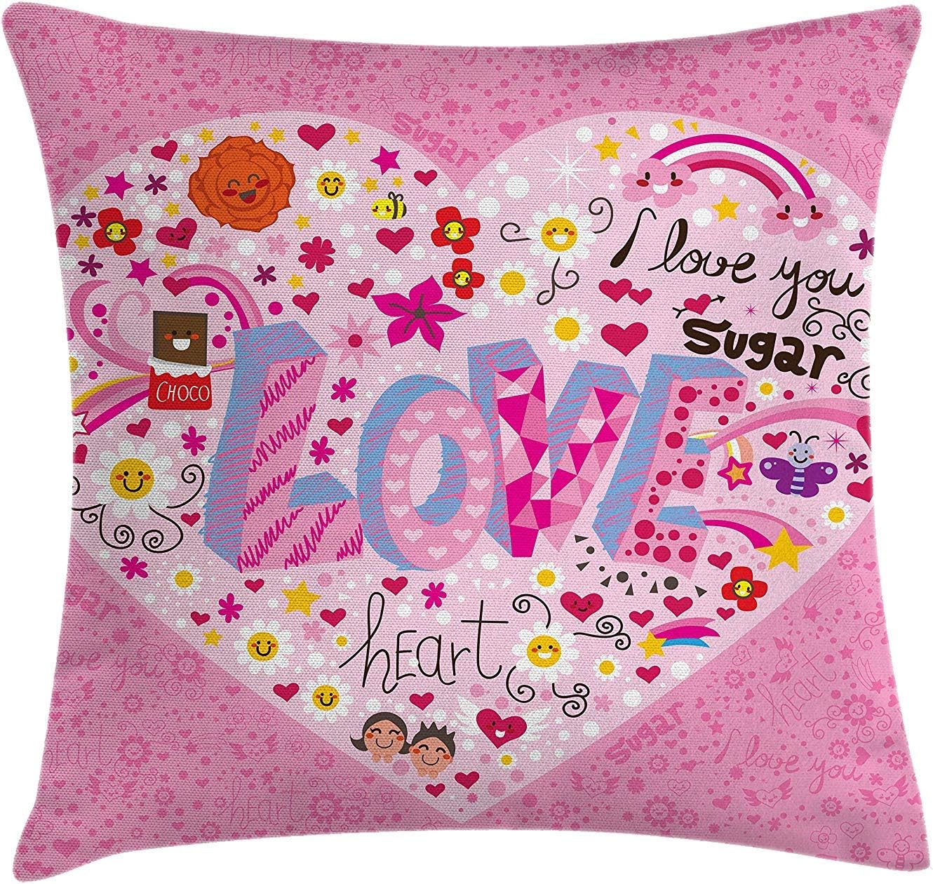 Amazon Co Jp Uy Soq 落書きスローピロークッションカバー I Love You Sugar 大きなハートと大きな文字のスペル 愛 かわいい笑顔の花 装飾的な正方形アクセントピローケース 18 X 18インチ ピンクマルチカラー ホーム キッチン