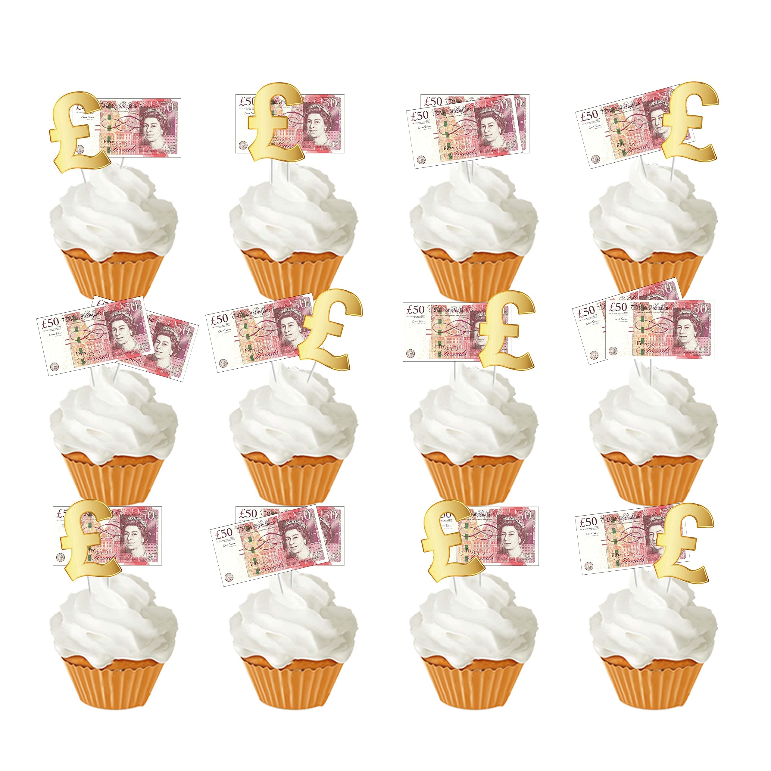 24pcs 50 Pounds Money Theme Cupcake Toppers Pound Symbol Fifty Pound Note Cake Decorations for Birthdays Weddings Bridal Showers Casino Bachelorette Retirement Anniversary Graduations Dessert Decor