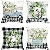 Joymaison Spring Summer Green Eucalyptus Leaves Throw Pillow Covers 18x18 Inch Set of 4 Truck Black White Buffalo Plaid Farmhouse Cushion Covers Home Decor for Couch Cushion