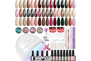 PHOENIXY 40 Pcs Gel Nail Polish Kit with U V Light Fall Winter Nail Kit with 48W LED Nail Lamp Nude Pink Brown Red Black Green Gel Nail Polish Set Gift for Women