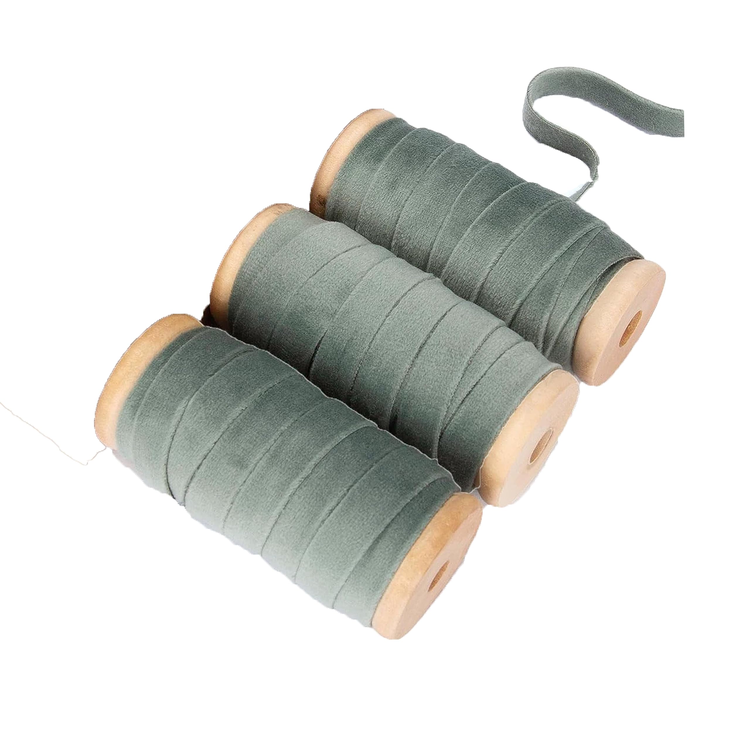 FLCSIed Velvet Ribbon Set 3/8"" x 15Yd Wooden Spool Fabric Trim Eco-Friendly 3 Rolls * 5Yd for Christmas Wreath Decoration Handmade Craft Ornaments Gift Wrapping (Dusty Green)