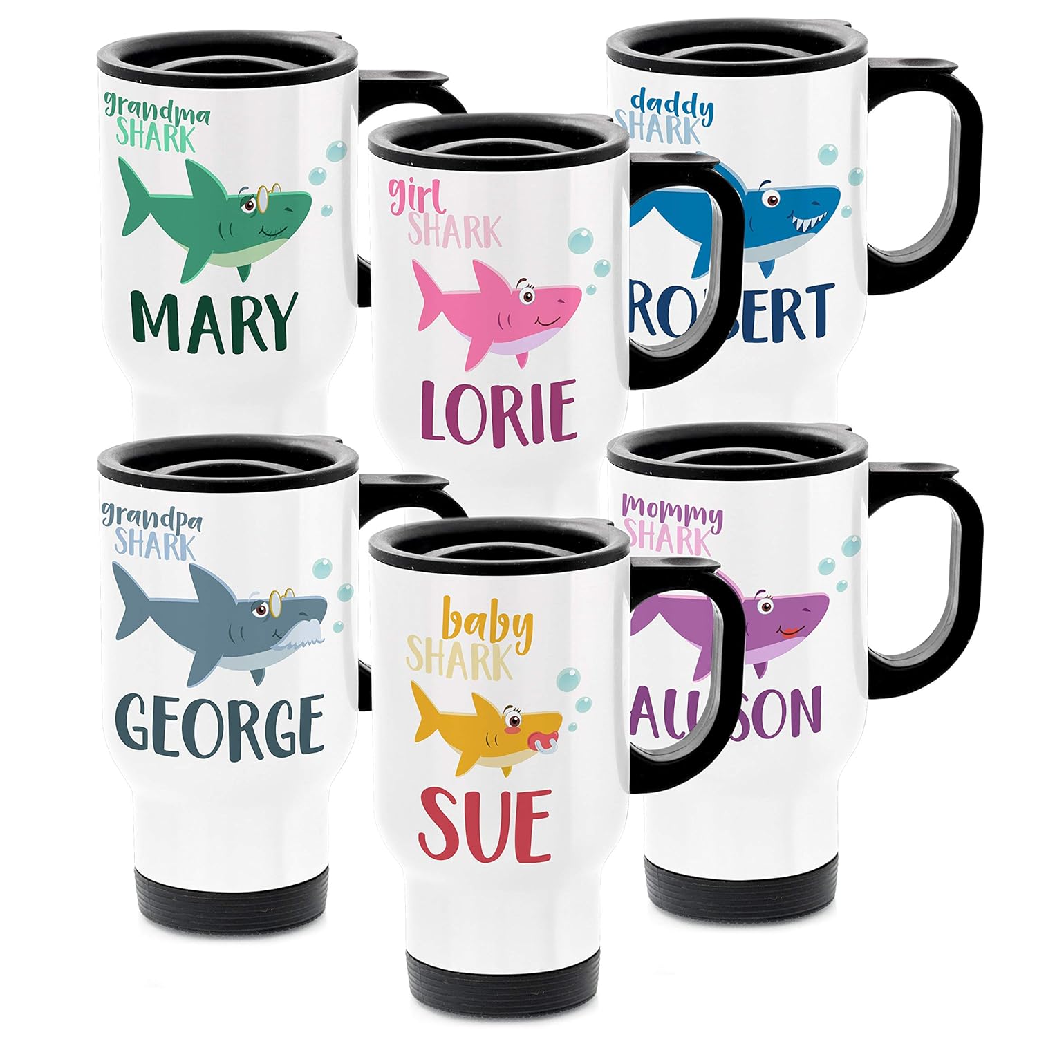 Personalized Gifts Shark Family Coffee Mug - 14oz Stainless Steel Travel Tumbler with Lid -Birthday Gifts, Christmas Gifts, Mother's Day Gifts - Baby, Boy, Girl, Mommy, Daddy, Grandma, Grandpa Sharks