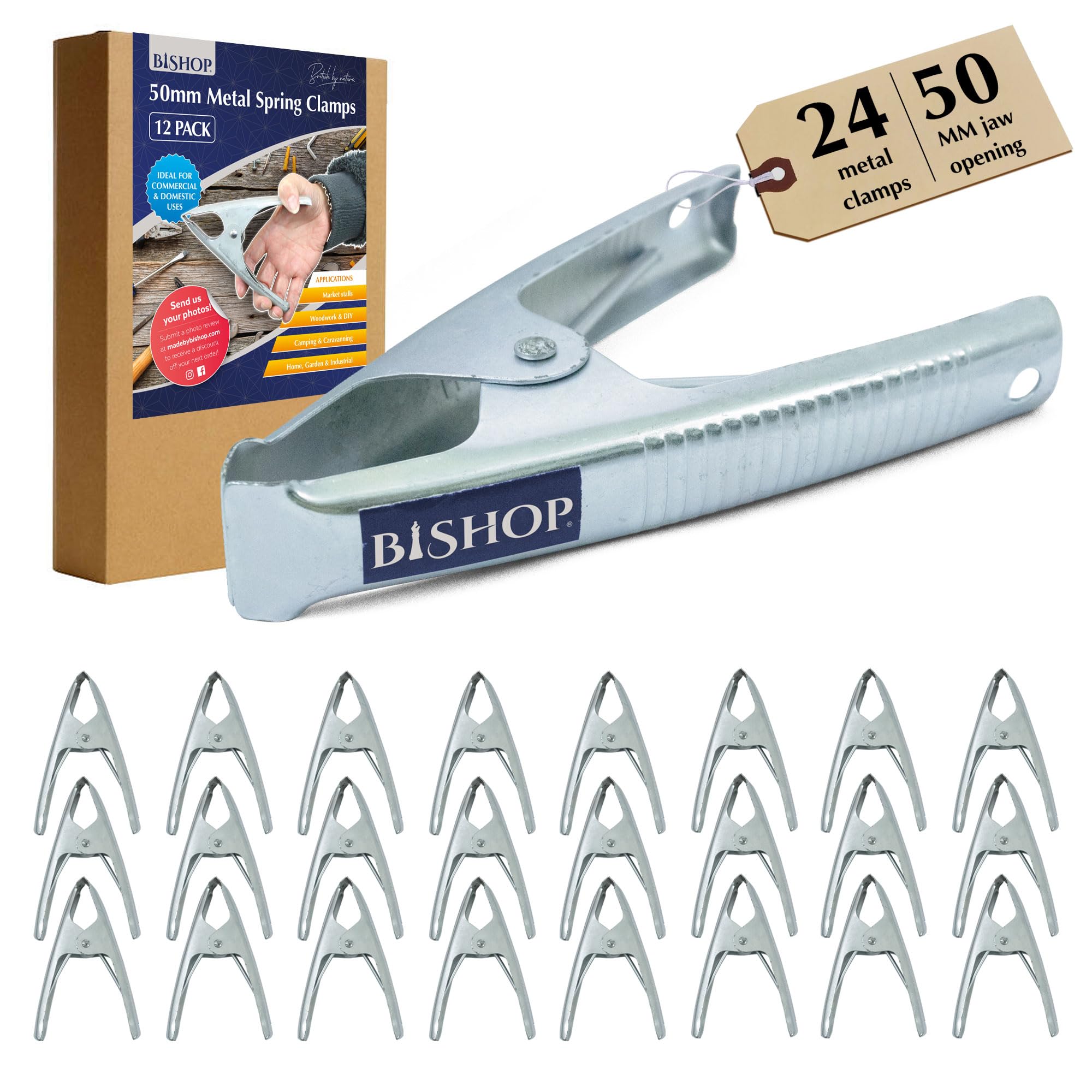 Commercial Grade Metal Spring Clamps for Woodwork - Rust Proof Market Stall Tarp Clips Clamps 50mm Jaw Capacity - Metal Clips All Steel Construction 160mm Length - Triple Coil Spring Clips (Qty: 24)