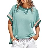 Womens Color Block Oversized Tops Trendy Casual Summer Textured Ribbed Knit T Shirts Loose Fit Short Sleeve Tshirts