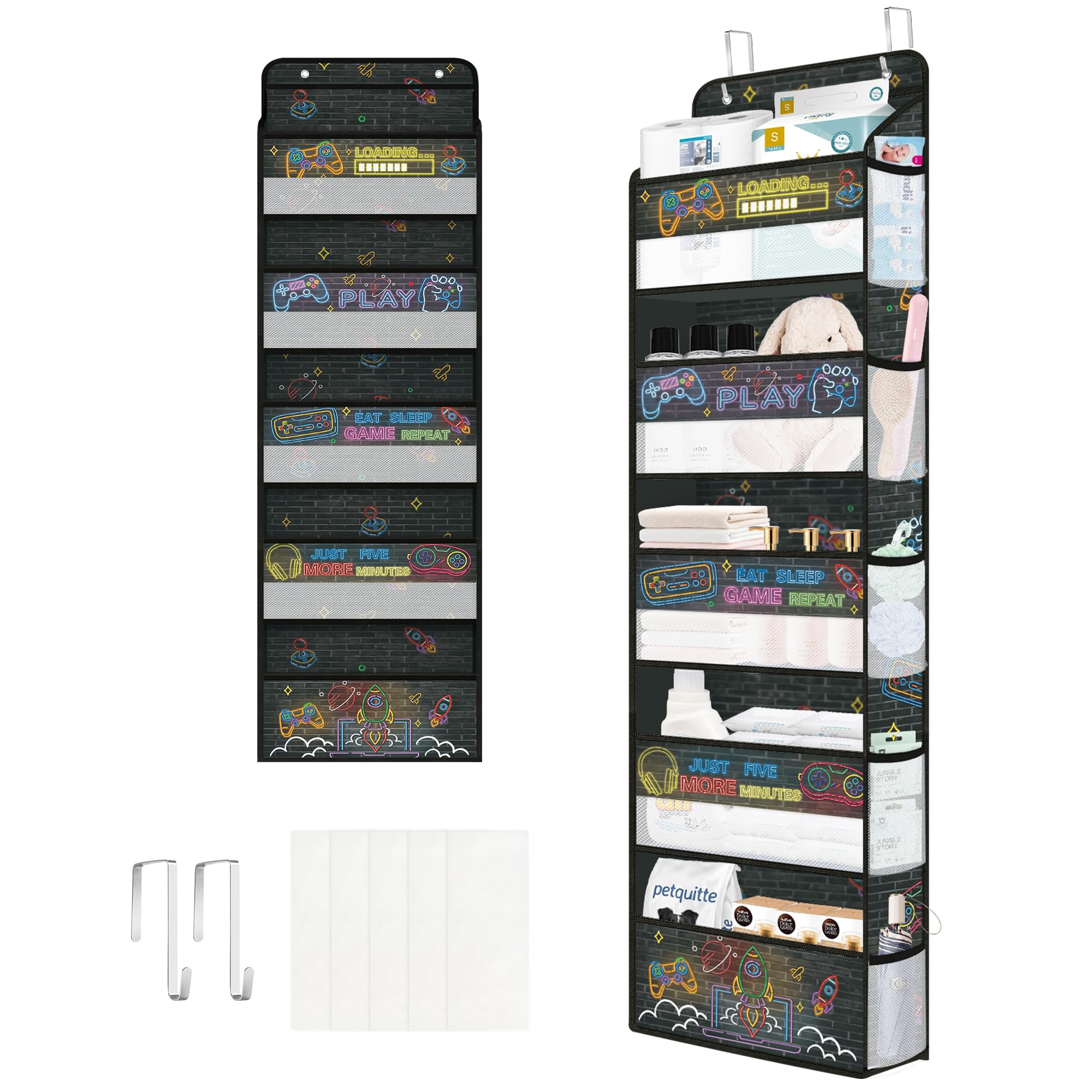 Photo 1 of Clastyle Game Over the Door Organizer Nursery Hanging Storage Organizer for Boys Clothes Diaper Toy Closet Door Hanging Shelf Storage for Bedroom Bathroom Pantry, Fluorescent, 5-Tier