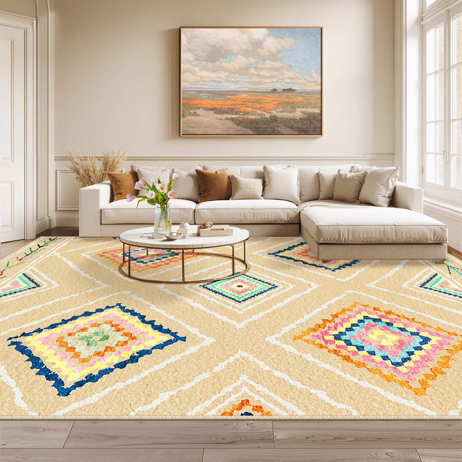 Photo 1 of Area Rug 8x10 Rug Machine Washable Non-Slip Low Pile Print Pattern Western Rug for Living Room Bedroom Entryway Tribal Series -Cream/Beige