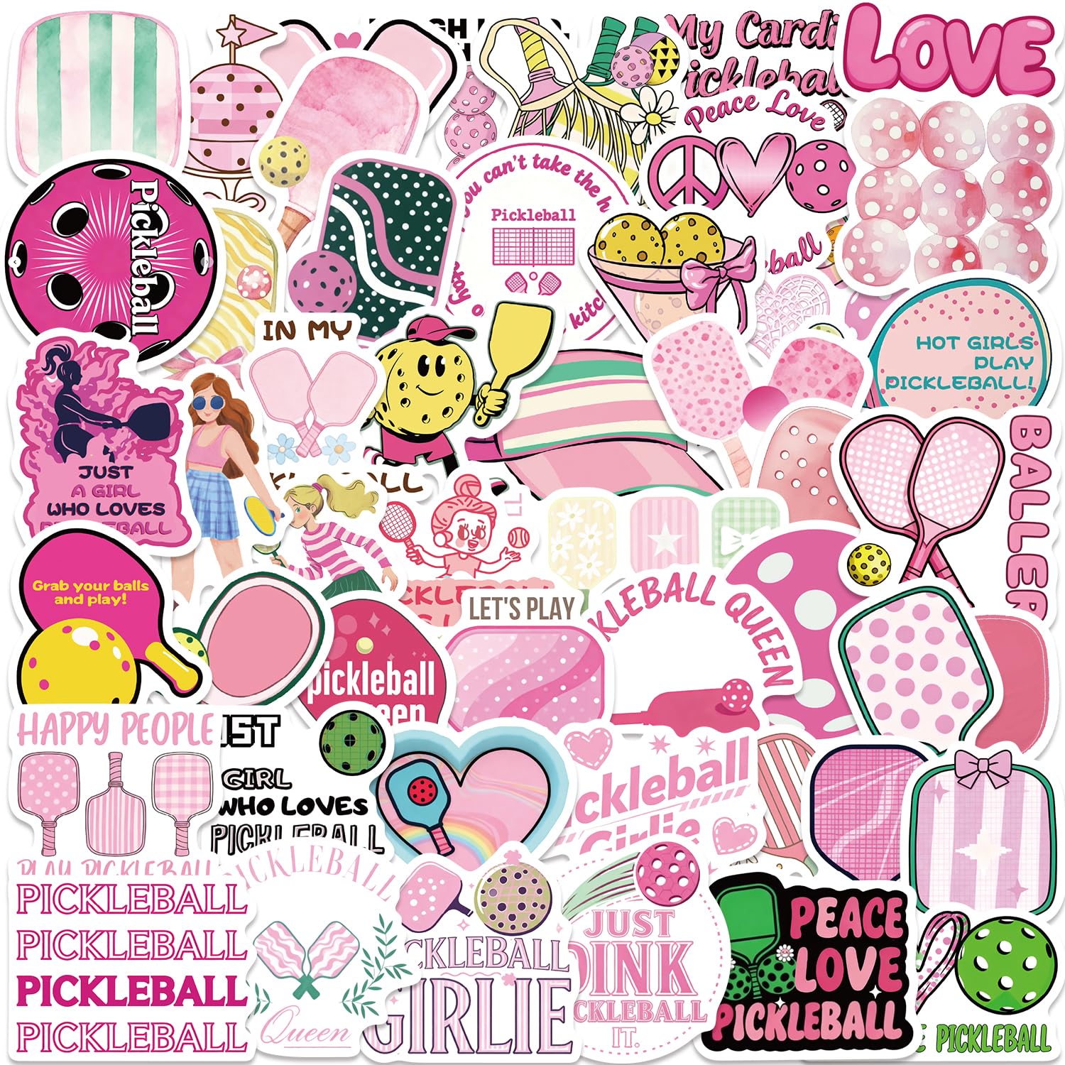 50Pcs Pink Pickleball Stickers for Women - Vinyl Waterproof Sport Decals for Water Bottles, Laptops & Gear, Gift for Female Players, Women Athletes, Pickleball Lovers