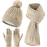 fauson Winter Hat Beanie Long Scarf Touchscreen Gloves Set, 3Pcs Fleece Lined Gloves Skull Cap Valentines Day Gifts for Her