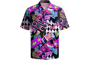 QAUN 80s Outfits Men:Hawaiian Shirts Men 80s 90s Vintage Tshirt Neon Clothes Mens 80s 90s Party Tops S-3XL