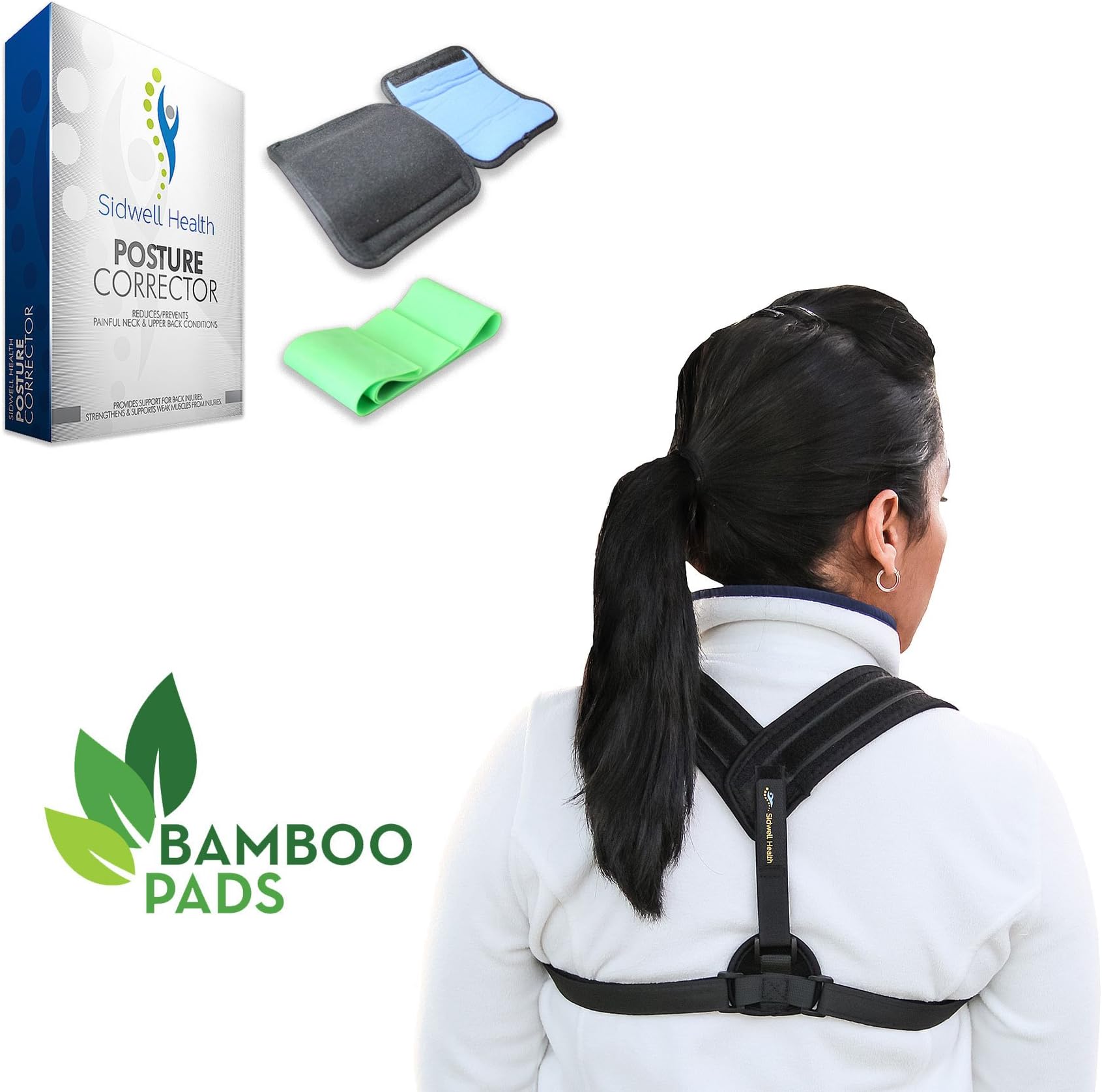Posture Corrector Back Brace for Women & Men - Adjustable Back Brace for Back Pain Relief & Posturing + Bamboo Pads for Extra Comfort + Back Stretching Band by Sidwell Health