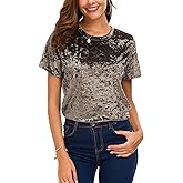 Women's Crew Neck Velvet Top Short Sleeve T-Shirt