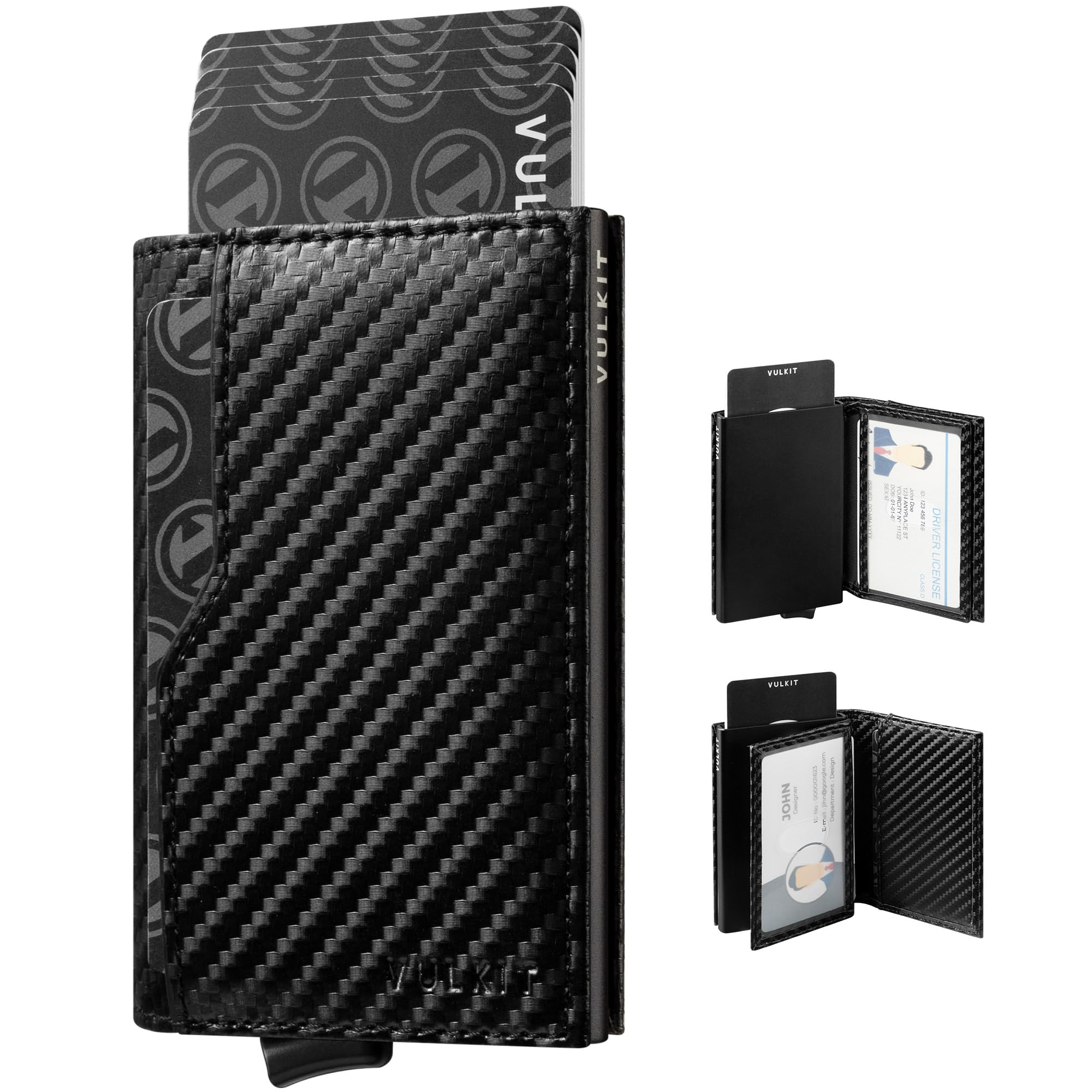 VULKIT Credit Card Holder with Double ID Window Leather Passcase Wallet RFID Blocking Automatic Pop Up Card Wallet for Cards & Notes