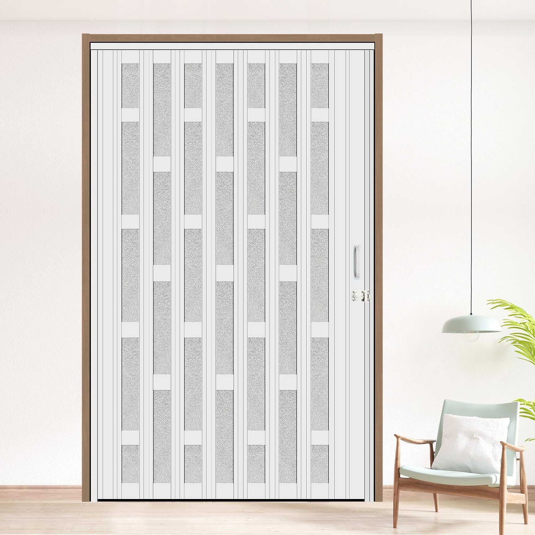 Photo 1 of ****************MINOR DAMAGE********************
HARDJULAN 60X79in Frosted Acrylic Glass PVC Accordion Folding Door for Closet,Multifold Interior Door with Installation Hardware,Includes Handle and Latch,White Beech