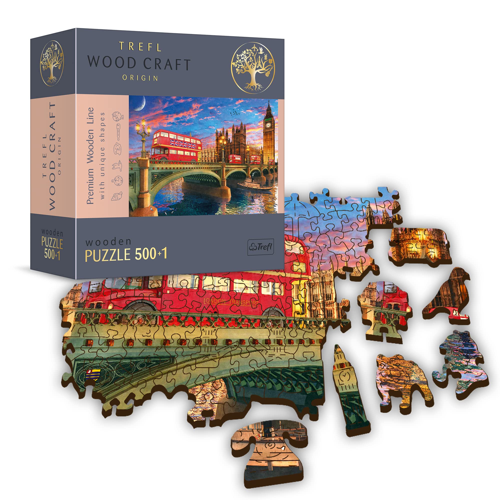 Trefl 20155 500+1 Pieces, Wood Craft, Irregular Shapes, 50 Figures of English Monuments and Symbols, for Adults and Children from 12 Years Puzzle, Palace of Westminster, Big Ben, London