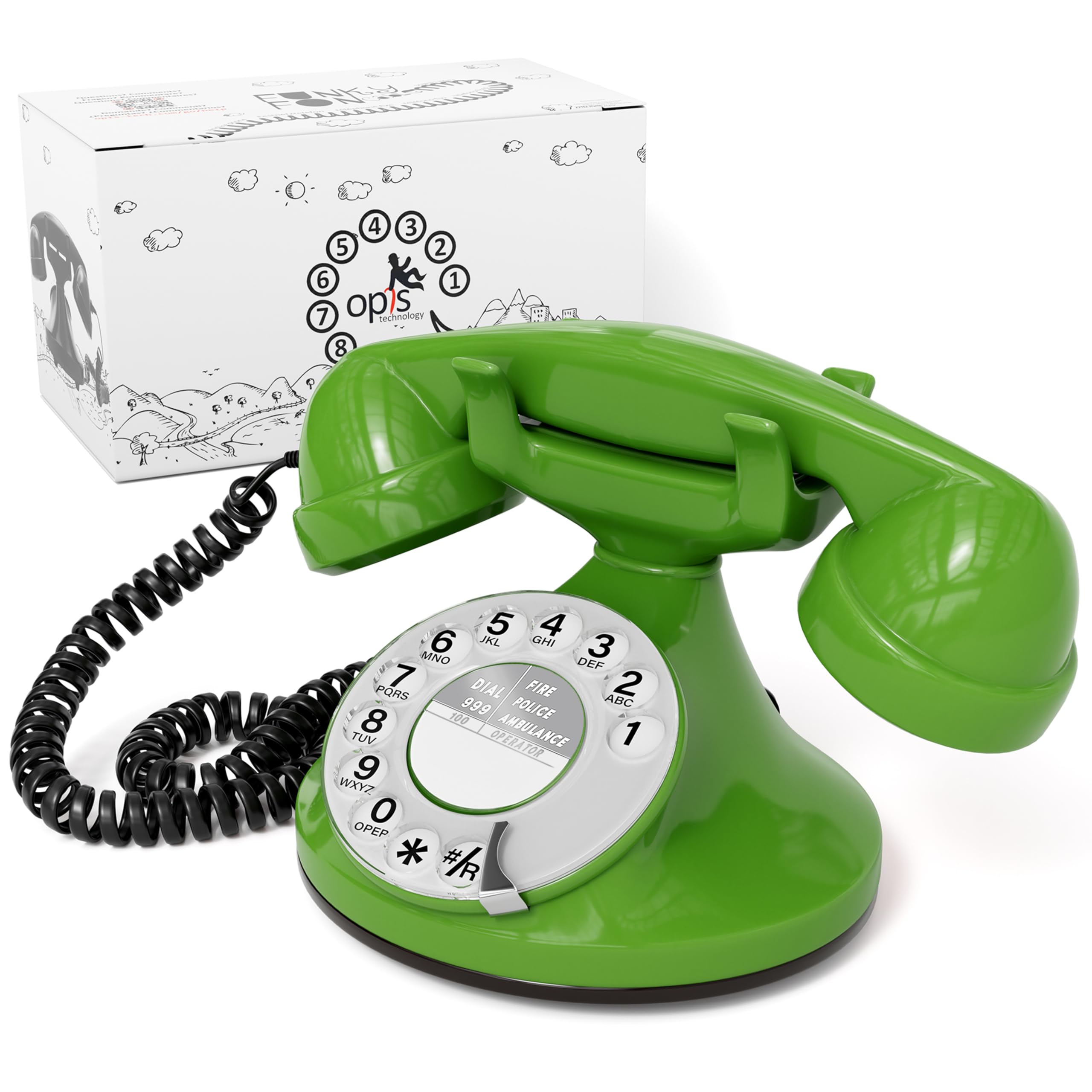 Opis FunkyFon Cable: A Retro Home Phone, Vintage Landline Phone, and Green Telephone for your Telephones Landline, offering Old Fashioned Telephones style in green