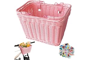 RAINFLOWWER Kids Bike Basket Front, Kids Scooter Basket, Cute Square Wicker Bicycle Basket for Boys Girls, Detachable Handlebar with Adjustable Leather Straps