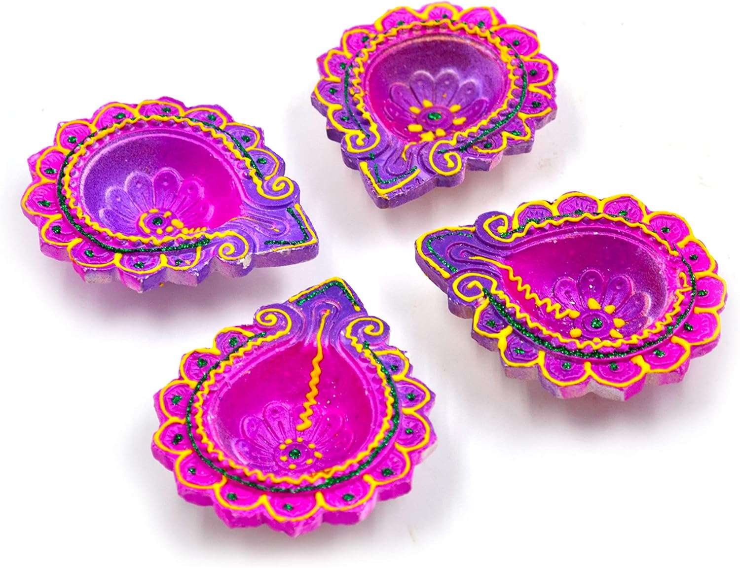 Oil Lamps & Accessories - TGS Festival Diya Set for Decoration | Handmade Clay Diya for Diwali Gift/Decorations/Natural Earthen Oil Lamp/Traditional Diyas for Pooja Multicolour (Set of 4 Pcs) (Flower red & Pink Diya)