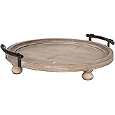 Kate and Laurel Bruillet Round Wooden Footed Tray with Handles, 15 inch Diameter, Rustic Finish