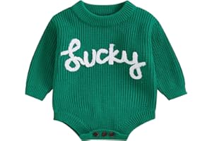 Mobbdow Newborn Baby Boy Girl St Patricks Day Outfit Embroidery Knit Sweater Bubble Romper Oversized Long Sleeve Bodysuit