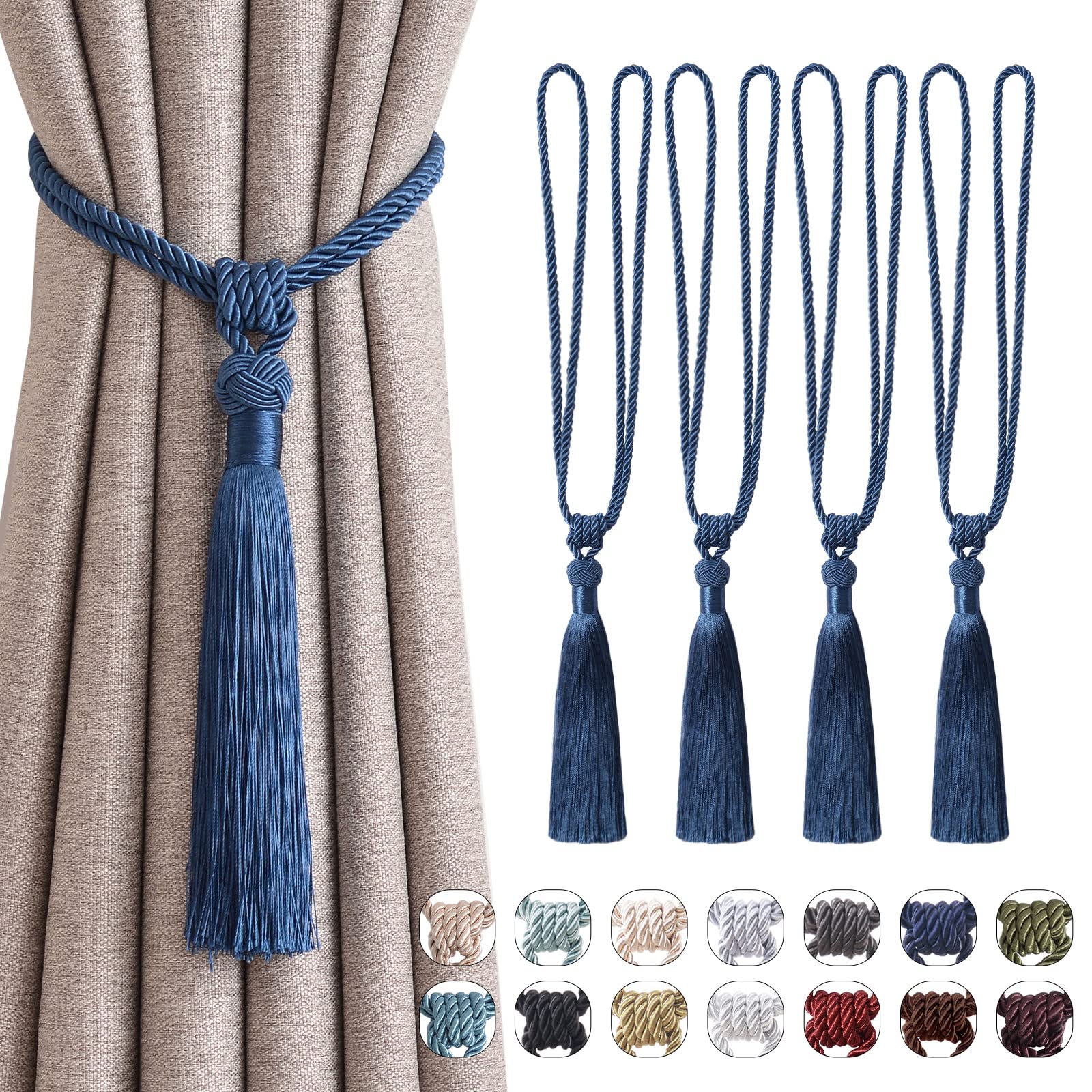 Pretty Jolly 4 Pack Long Tassel Curtain Tiebacks Handmade Braided Rope Knot Drape Tie Backs European Style Decorative Curtain Holdbacks for Home & Office Window Drapery (Marine Blue)
