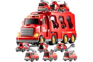 KIZONLY Fire Truck Toys for Toddler 1-3 3-5, 7-in-1 Fire Car Carrier Vehicle Set for Girls 1 2 3 4 5 6 Years Old, Transport Car with Light Sound, Birthdays Gifts for Kids Girls Aged 3-9
