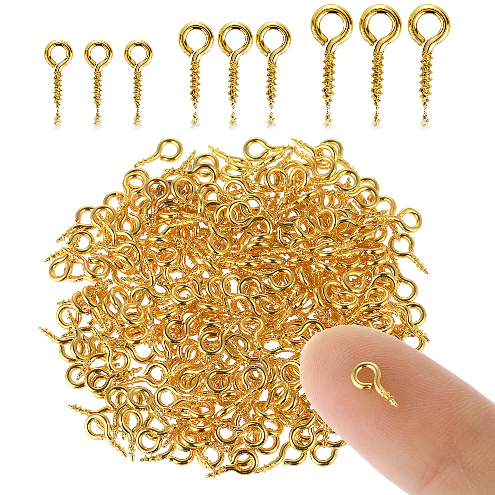 Grevosea 300 Pieces Small Screw Eye Pins Eyelets Screw Threaded Mini Stainless Steel Eye Screw Hooks Gold Threaded Eye Pins for Jewellery Making DIY Craft Hanging Ornament (3 Different Sizes)