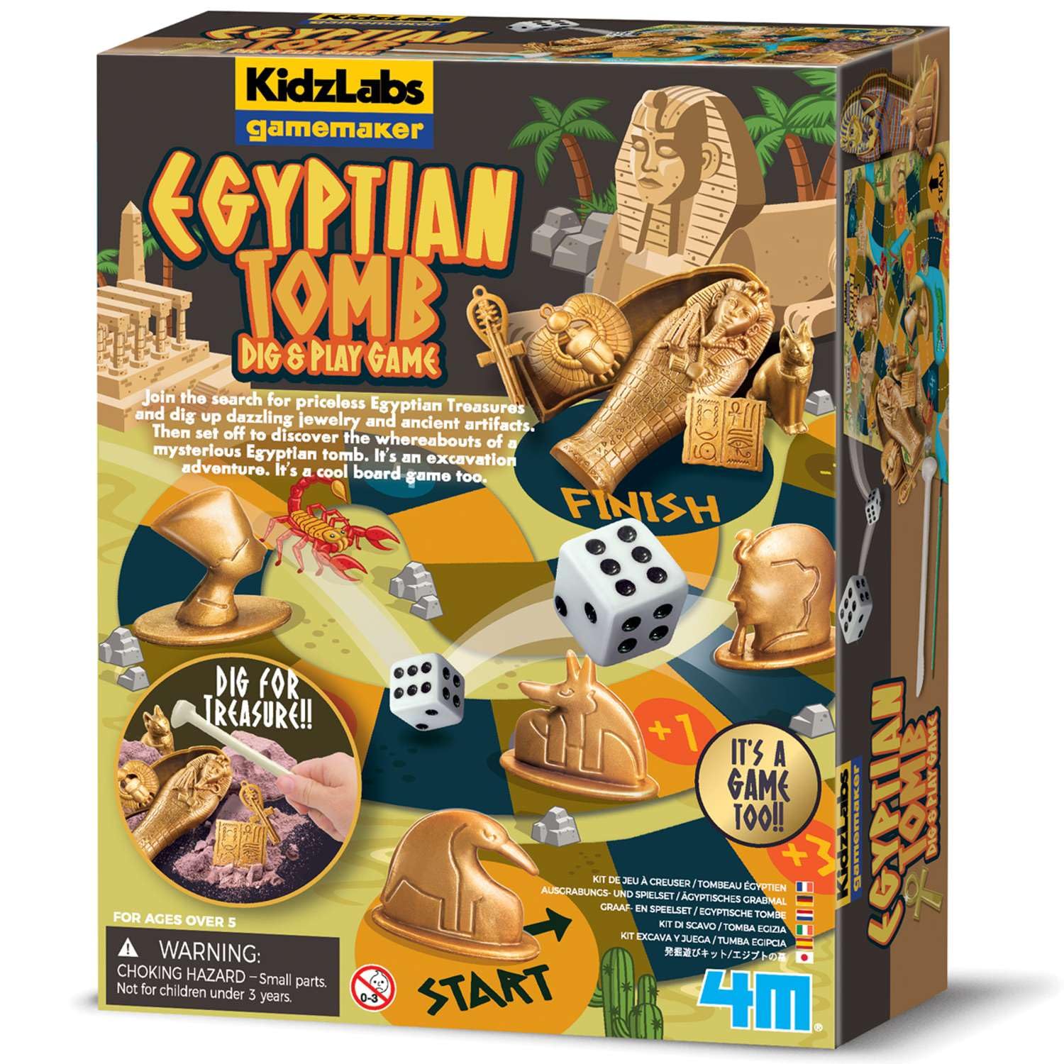 4M KidzLabs Egyptian Tomb Dig & Play Game Kit for Kids | Ancient Egypt Excavation Science Set with Treasure Dig, Board Game, Checkers & Dice | Educational STEM Toy for Boys & Girls Age 5+