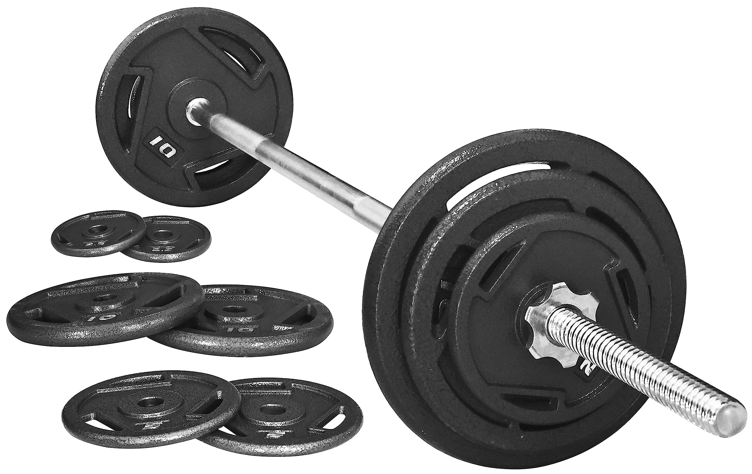 Photo 1 of **MISSING PARTS UNKNOWN**
Signature Fitness Cast Iron Standard Weight Plates Including 5FT Standard Barbell with Star Locks, 45-Pound Set (35 Pounds Plates + 10 Pounds Barbell), Multiple Packages, Style #3