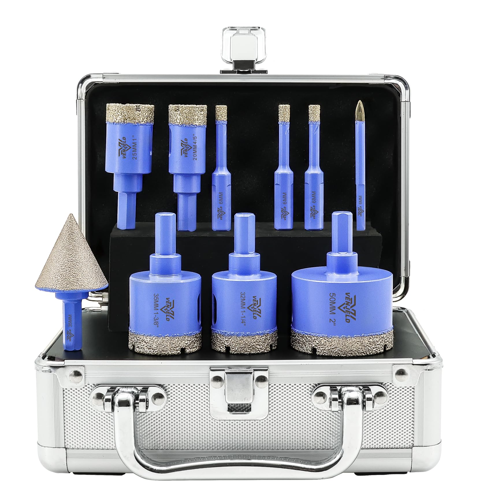 Diamond Drill Bits Set 10Pcs - 6/6/6/20/25/32/35/50mm Triangle Shank Tile Hole Saw Kit, 6mm Carbide Drill, 35mm Beveling Chamfer Bit for Porcelain Tile Ceramic Granite Marble Dekton — image 1