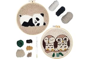 WOOL QUEEN Hand U Journey 2 PCS Punch Needle Starter Kit | Animal Rug Hooking Beginner Kit, with an Adjustable Embroidery Pen and 8.6'' Hoop for Kids Adults Craft Gift-Panda & Owls