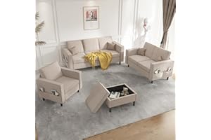 Mjkone 4 Pieces Sectional L Shaped Sofa Couches Set for Living Room Furniture Sets, 78" Width 3-Seater Small Couch Sofas and Loveseat with Armchair and Storage Ottoman for Home Office Apartment, Beige