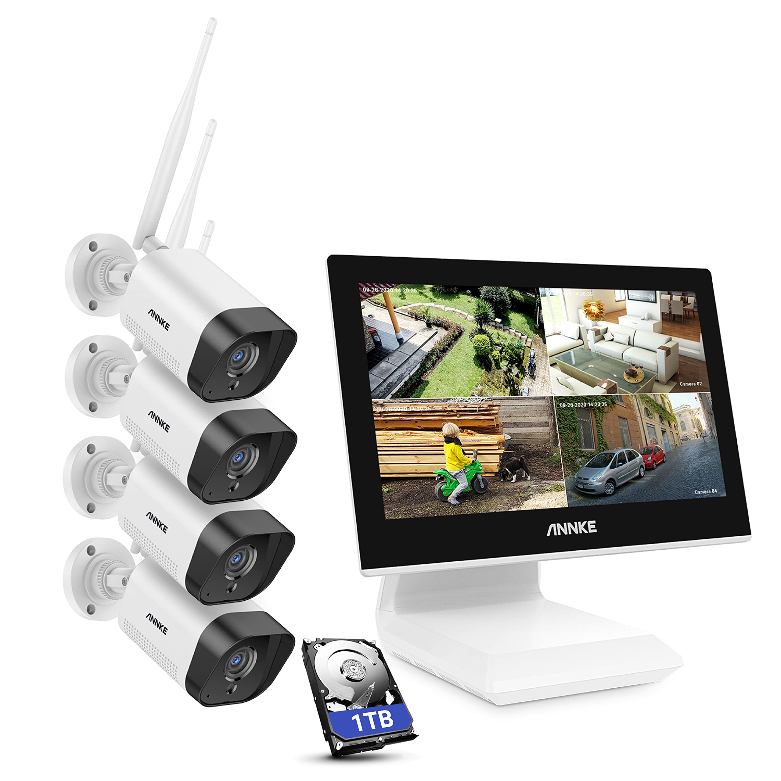 [Work with Alexa] ANNKE 5MP Wireless Security Camera System with 10.1" LCD Monitor, 4CH 5MP WiFi Surveillance NVR with 4Pcs 3MP 2K Outdoor IP Cameras, 100ft Night Vision, 1TB Hard Drive - WL300