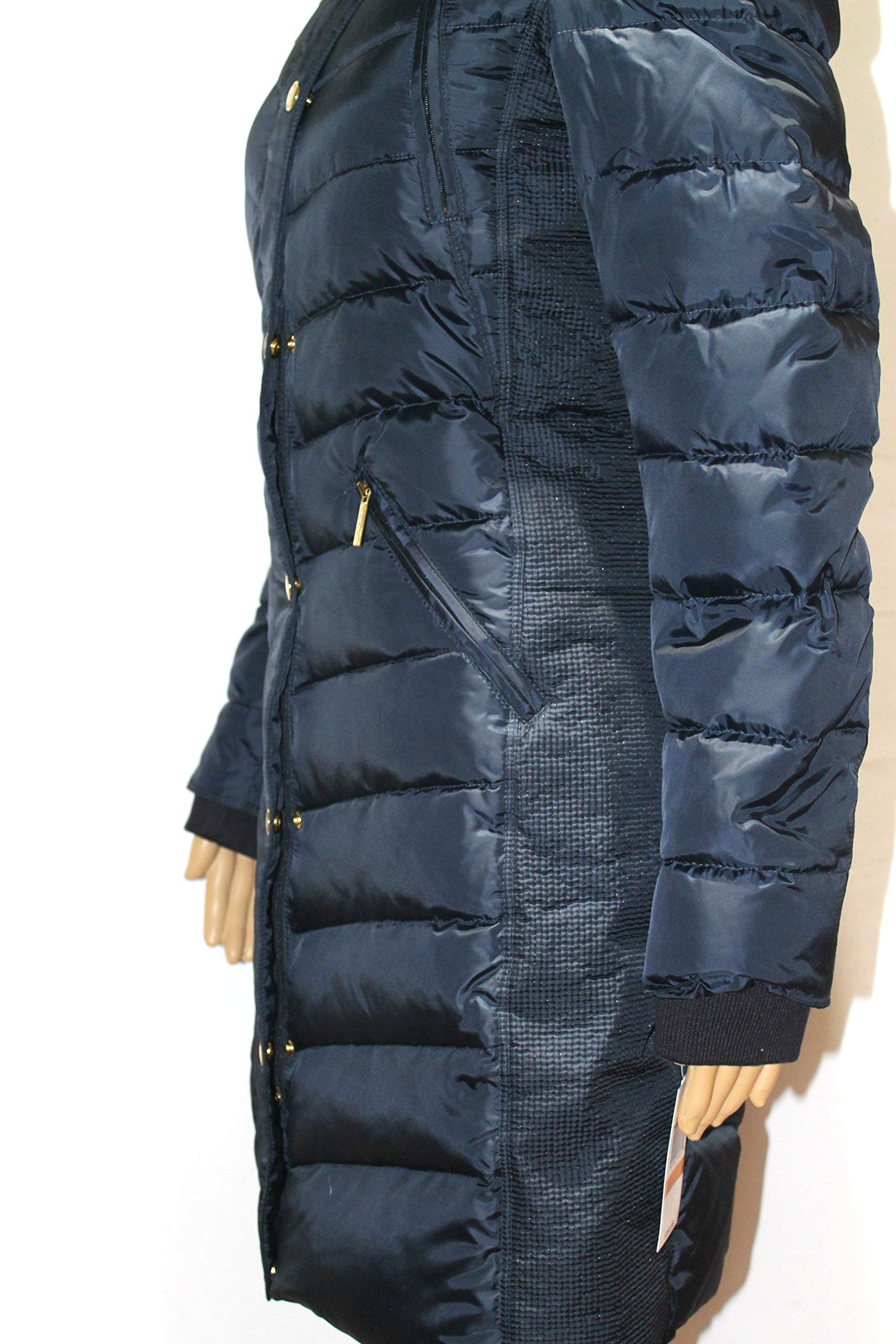 MICHAEL Kors Hooded Faux Fur Down Puffer Coat women's NAVY Knit panels