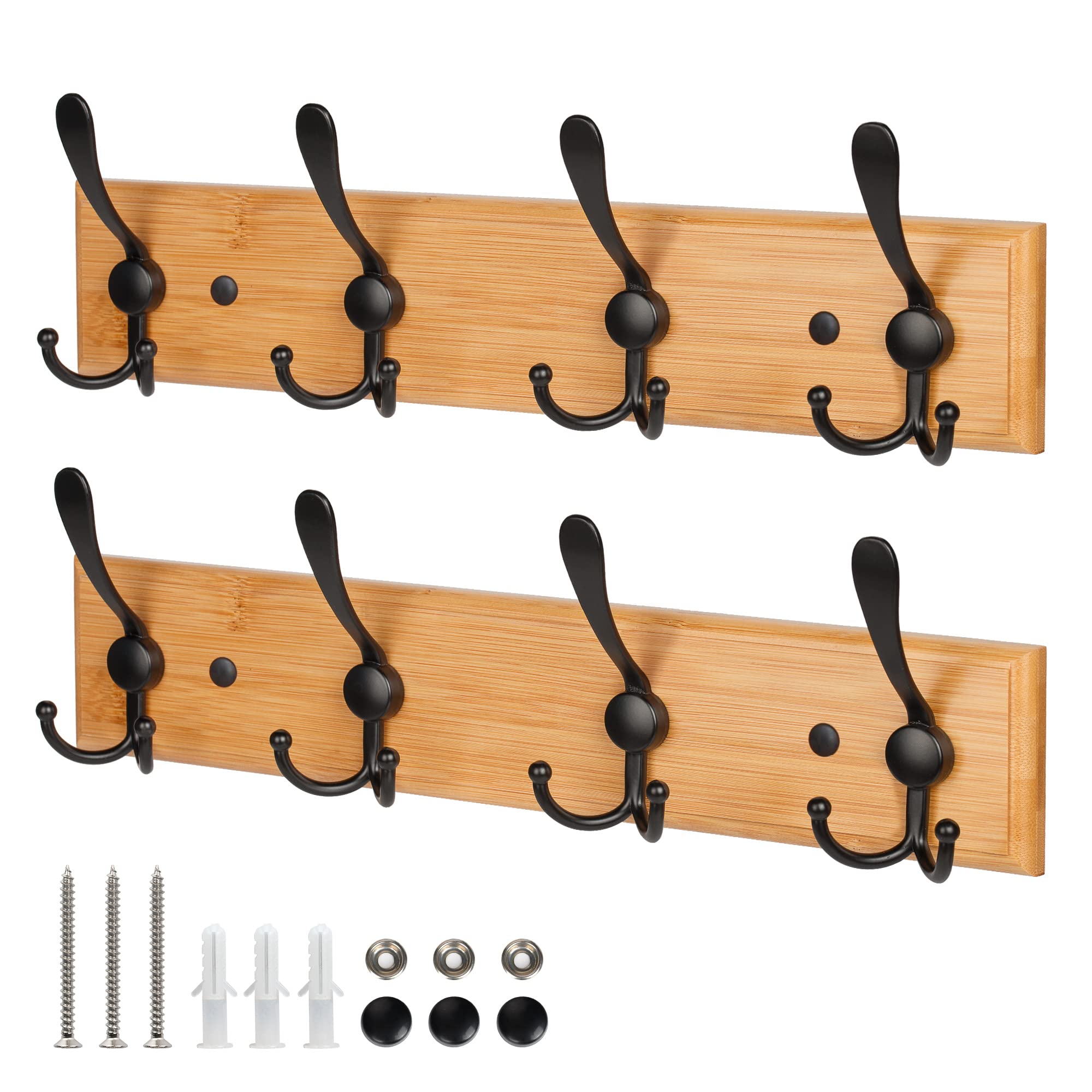 GlazieVault Coat Hooks for Wall - Stainless Steel Coat Racks (2 Pack) - Heavy Duty Coat Hook Wall Mounted - Premium Design Rust Free Coat Hanger for Clothes (Wooden Tri)