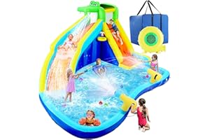 Whubefy Inflatable Water Slide Bounce House for Kids, 8 in 1 Blow Up Water Park with 450W Air Blower, Double Water Cannon, Climbing Wall, Basketball Ring for Outdoor Backyard Party Events Gift