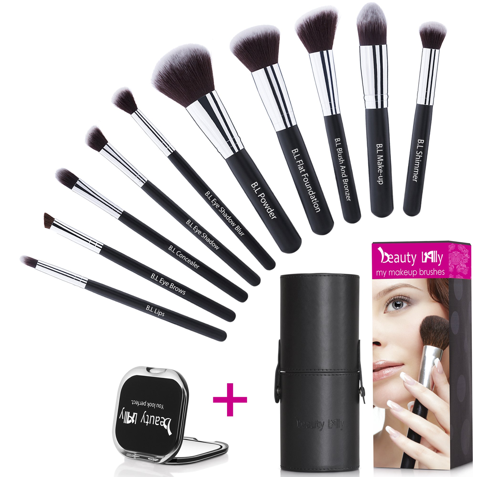 beauty Lally Professional Make Up Brush Set, Synthetic Hair, Giving You Full Coverage For Everyday Use, Soft, No Shed At All, Case and Mirror, Pack of 10