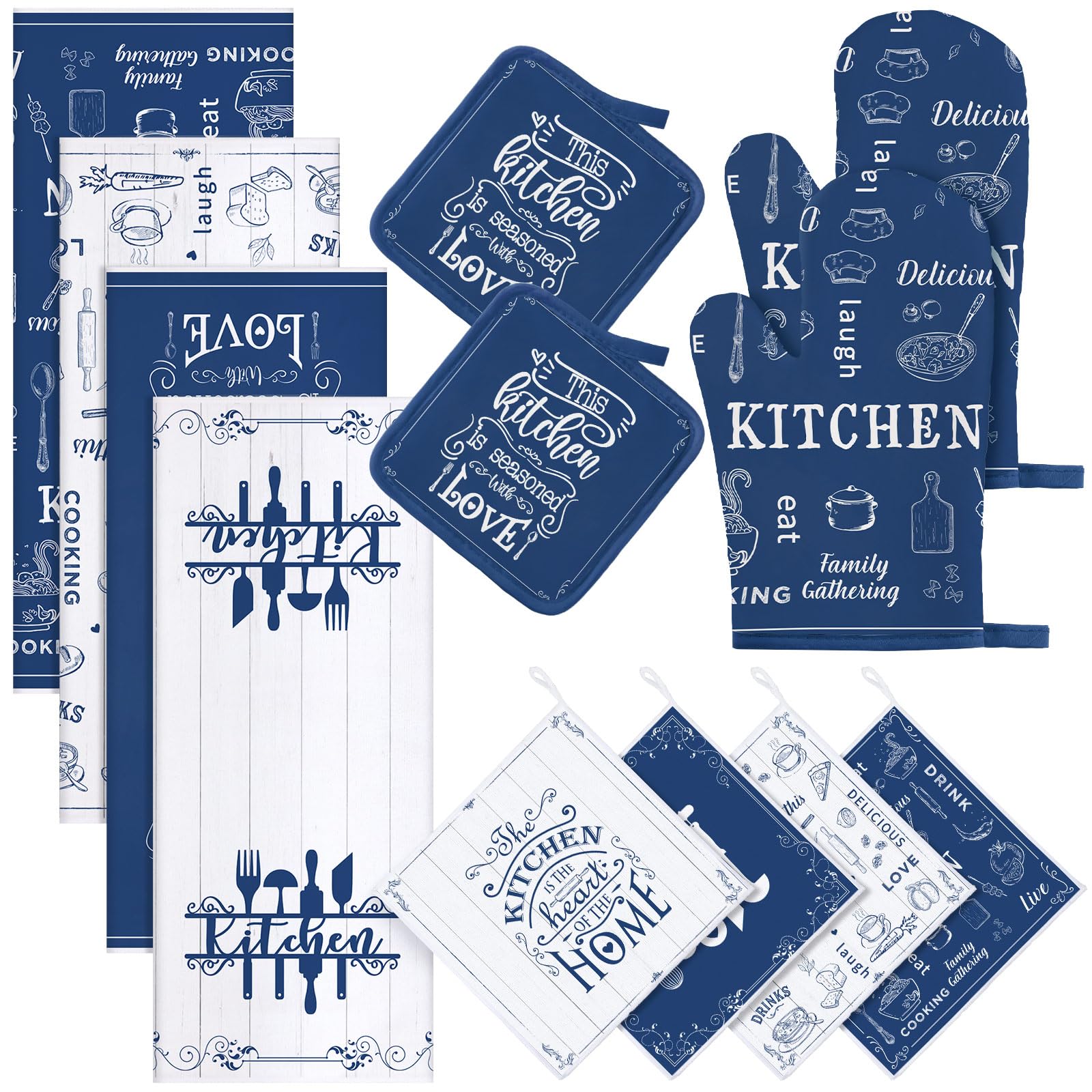Photo 1 of 12 Pcs Farmhouse Kitchen Decor and Accessories Sets 4 Blue Kitchen Hand Towels 4 Absorbent Dishcloths 2 Pot Holders 2 Oven Mitts Glove for Home Decorations Mom Gifts 'with Love, is Seasoned' Theme