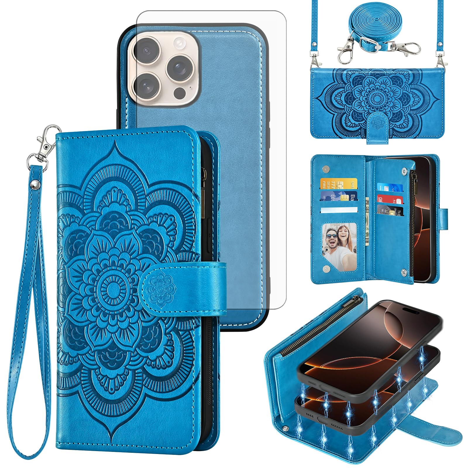 Photo 1 of Asuwish Phone Case for iPhone 16 Pro 6.3 inch Zipper Wallet Magnetic Detachable Cell Cover with Tempered Glass Screen Protector Crossbody Strap Flower Card Holder i Phone16 i16 16Pro Women Girls Blue