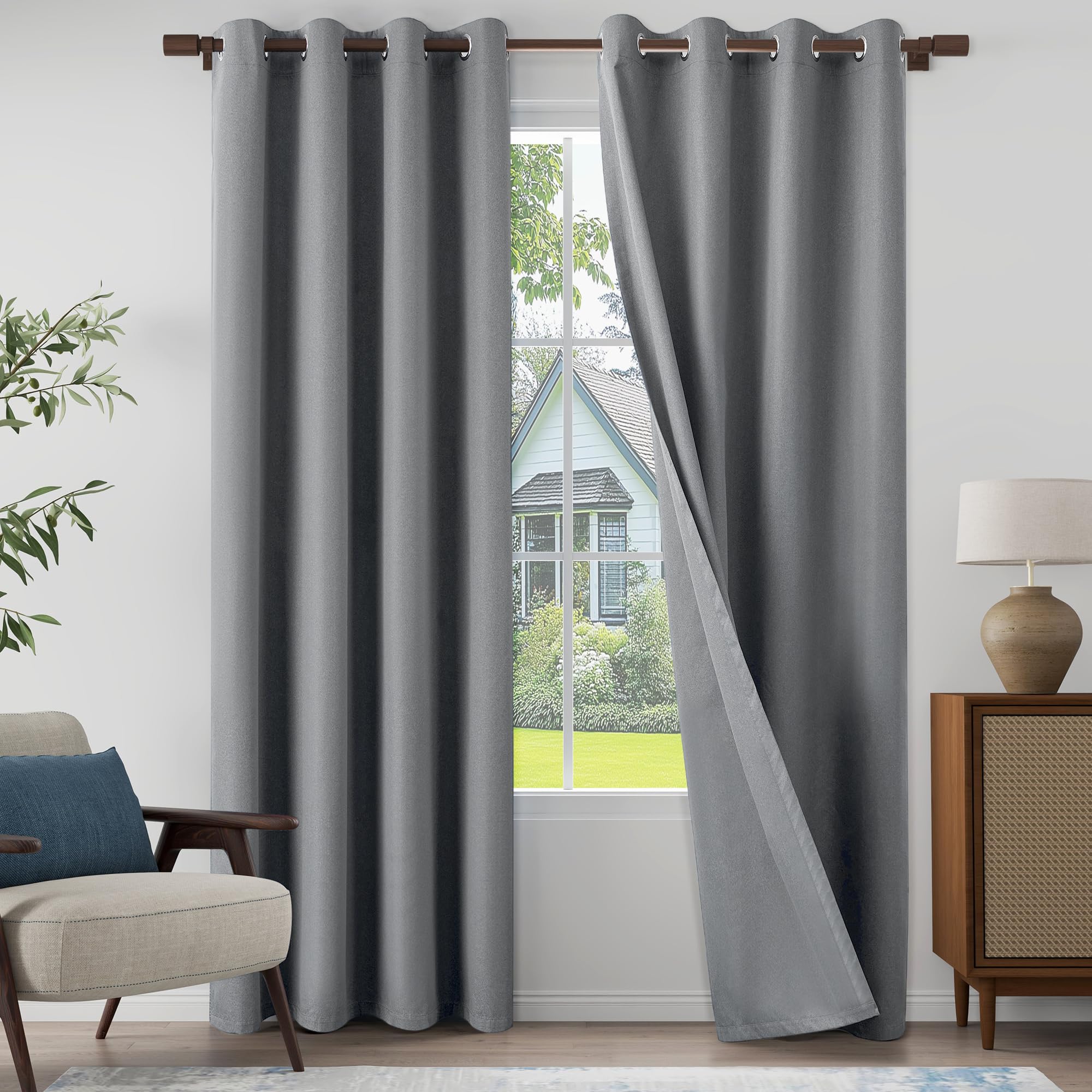 Photo 1 of 100% Blackout Linen Textured Curtains 84 Inch Length 2 Panels Set for Living Room, Bedroom, Light Weight Curtains with Grommets Top, Full Blackout Curtains Privacy Protection, Gray, 52" W x 84" L