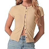 IWOLLENCE Women's Casual Ribbed Knit Short Sleeve Tops Crewneck Button Down Shirt Slim Fit Y2K People Cardigan Tops Apricot, 2XL
