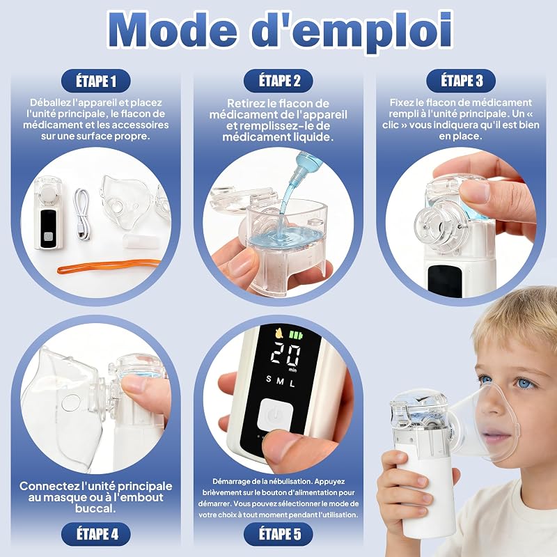 Nebulisateur Silencieux pour Adulte et Enfant,Inhalateur 1200mah USB-C,Nebulisateur Bebe Protection à Sec Autonettoyant,Aerosol Bebe LED Nébuliseur Portable avec 2 Masques et Embout Buccal — photo 5 sur 7