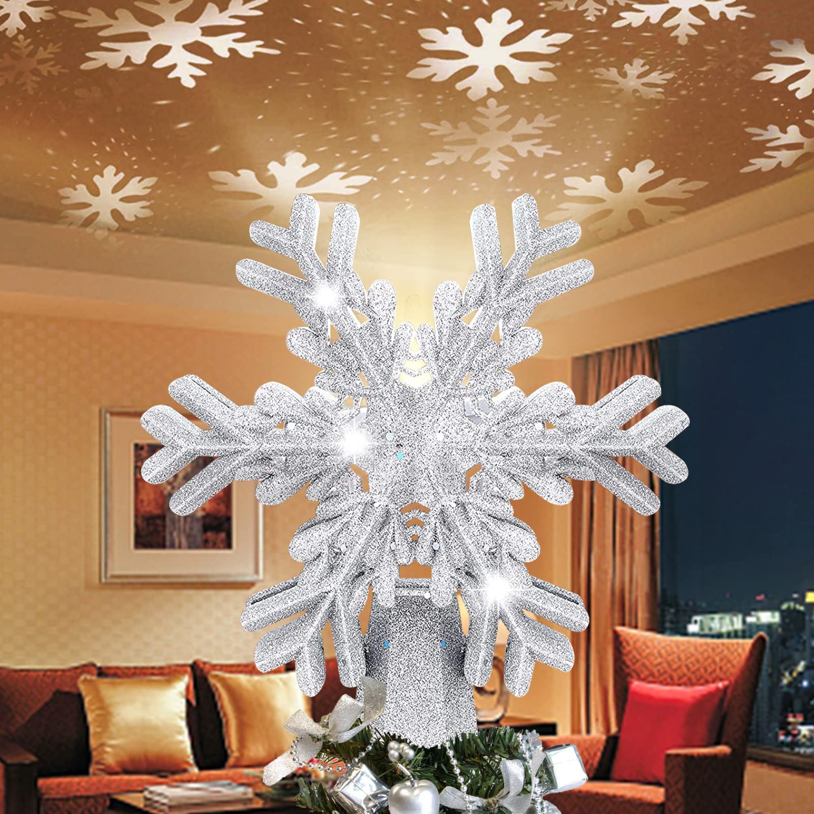 Christmas Star Tree Topper, Lighted Star Topper with LED Rotating Warm Color Star Projector Lights, 3D Glitter Hollow Star Tree Topper for Xmas Tree Decorations Gift for Kids Friends (Silver)