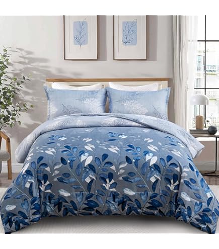 Luxudecor Floral Comforter Set Queen Size 7 Piece, Navy Flower Bed in a Bag, Elegant Floral Comforter with Sheet Set, Soft Microfiber Bedding Set for All Season (Navy, 90x90