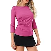 Boat Neck 3/4 Sleeve Tops for Women Ruched Side Ribbed T-Shirts Fitted Casual Basic Tees Summer Fall Outfits Going Out Top