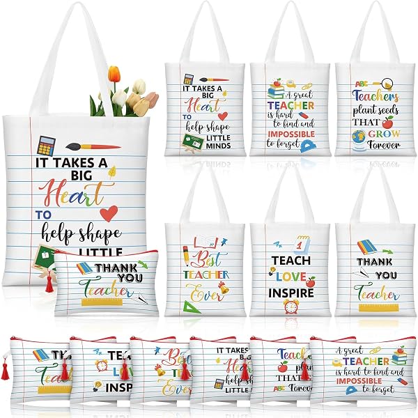 Teacher Appreciation Gift Set - Tote Bag, Tumbler, Keychain, Bracelet, Bookmark & Makeup Bag For Women (Classic Colors, 17x12 Inches)