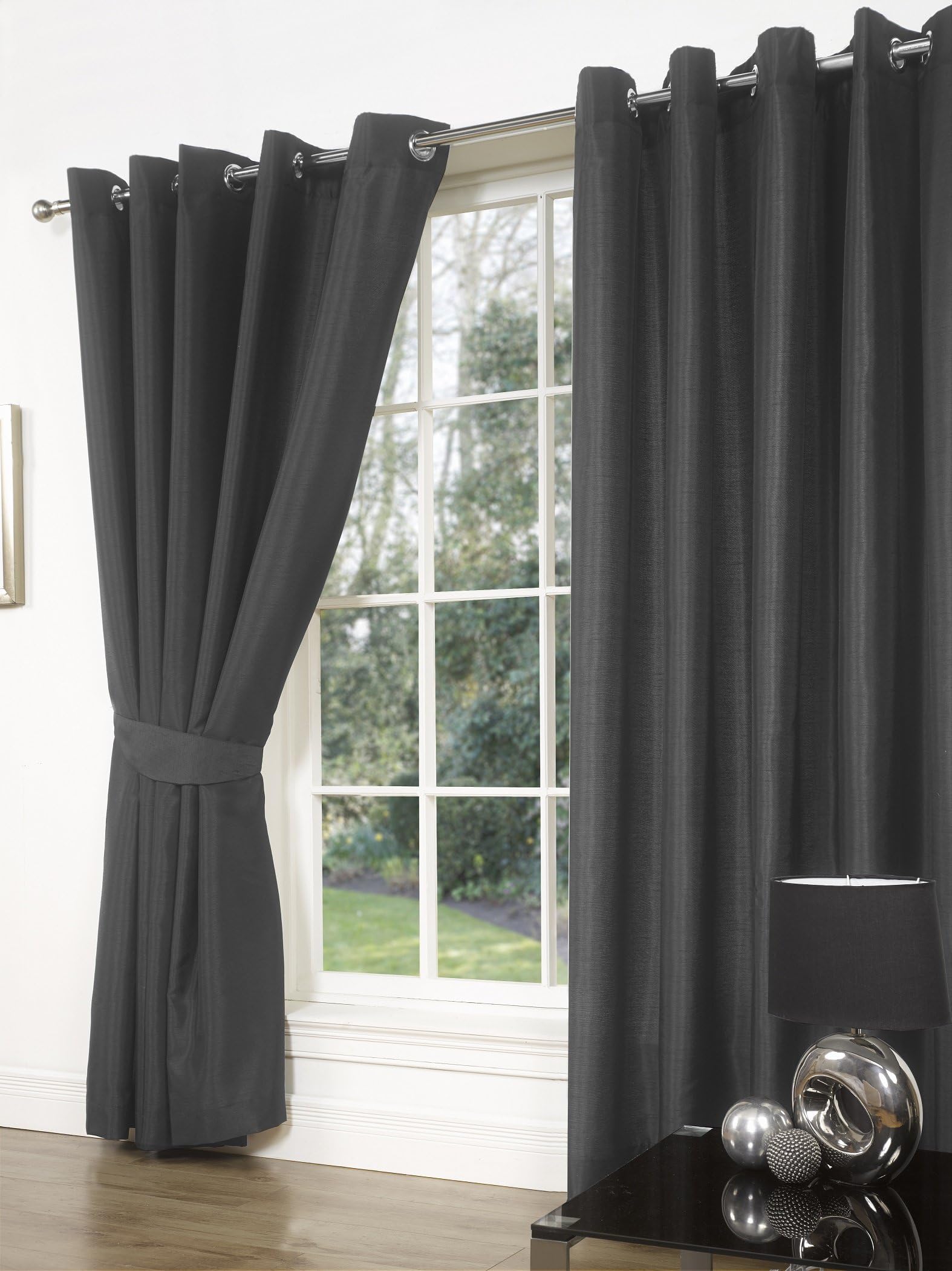 SW Living Faux Silk Pair Curtains Eyelet Ring Top Heading, Lined Inc Tiebacks