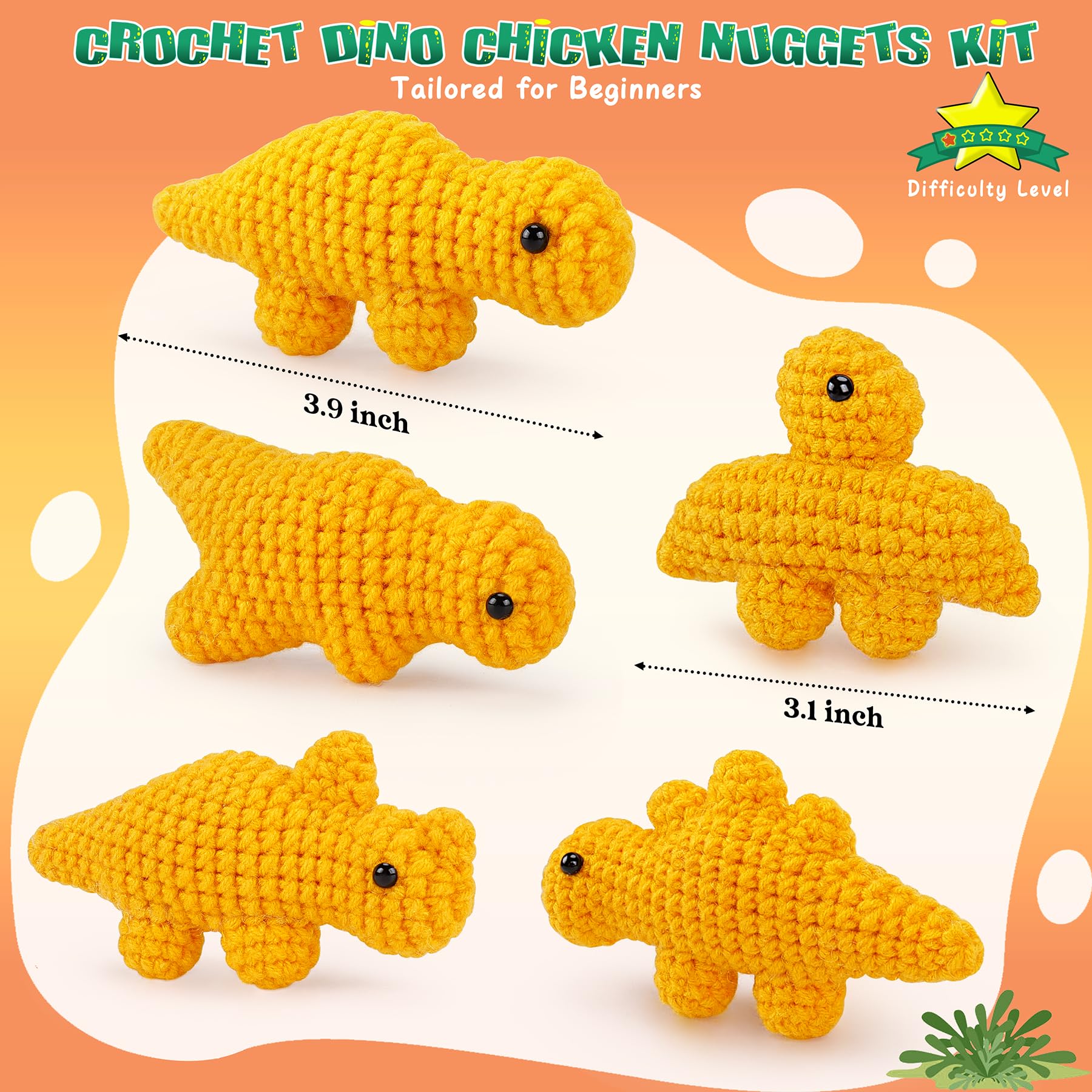 Crochet Kit for Beginners - 5 PCS Dinosaur Chicken Nuggets Set With Step-by-Step Video Tutorials for Adults Kids